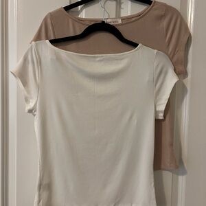 Pink Rose White & Tan Taupe Women's Crewneck Tops